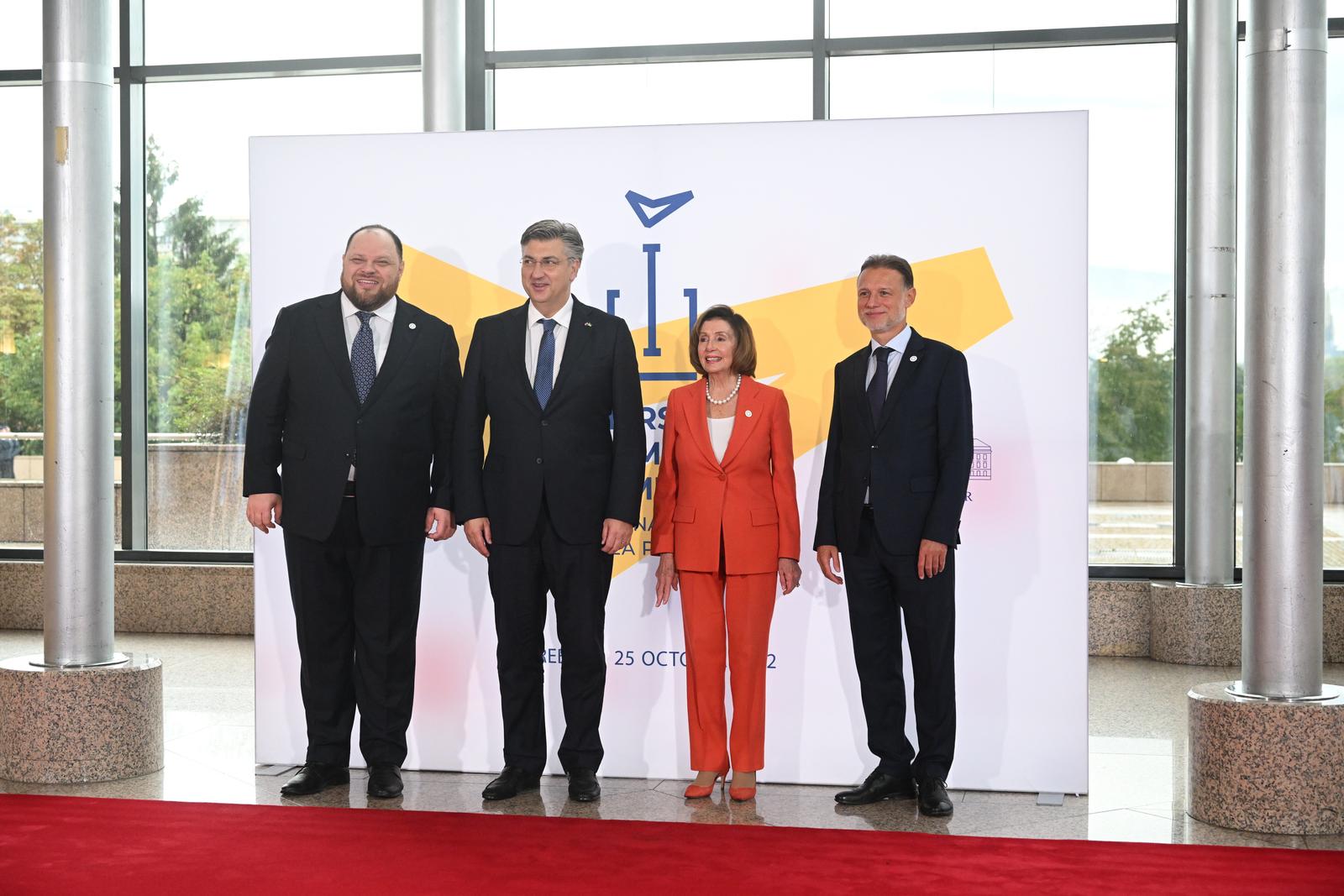 25.10.2022., Zagreb - Dolazak sudionika Prvog parlamentarnog summita Međunarodne krimske platforme u Nacionalnu i sveucilisnu knjiznicu. Nancy Pelosi, Gordan Jandrokovic, Andrej Plenkovic, Ruslan Stefanchuk Photo: Davor Puklavec/PIXSELL