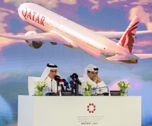 epa10298118 CEO of Qatar Airways Akbar Al Baker (L) and Hamad International Airport Chief Operating Officer Badr Mohammed Al Meer attend a press conference to unveil expansions at the airport, in Doha, Qatar, 10 November 2022. Hamad International Airport on 10 November officially revealed its expansion project ahead of FIFA World Cup Qatar 2022. According to the airport, the new expansion project allows the airport to deal with over 58 million passengers annually, and the most notably project unveiled was 'The Orchard', an indoor tropical garden that is expected to include over 300 trees and over 25,000 plants.  EPA/NOUSHAD THEKKAYIL