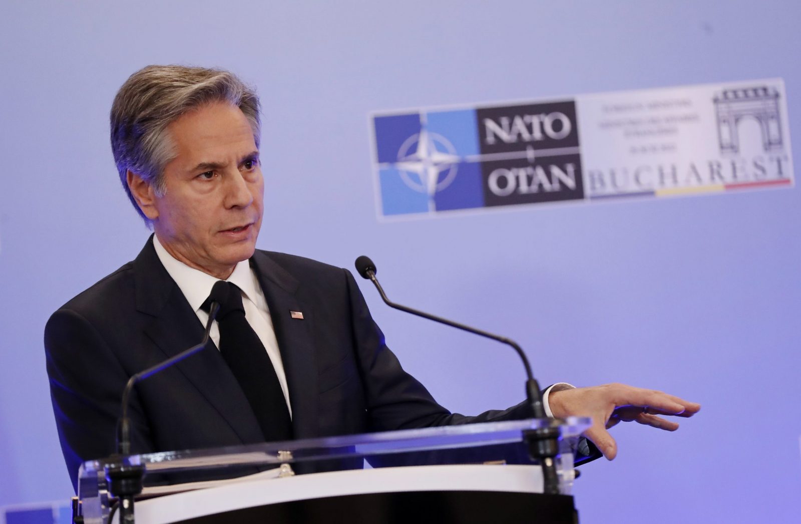 epa10338703 US Secretary of State Antony Blinken speaks during a press conference at the end of the NATO Foreign Ministers Meeting held at Parliament Palace in Bucharest, Romania, 30 November 2022. Foreign Ministers from NATO countries gathered in Romania's capital on 29 and 30 November 2022 to tackle Russia’s invasion in Ukraine, NATO’s support for Kyiv administration and regional partners and to find new ways to strengthen the Eastern flank of the alliance.  EPA/ROBERT GHEMENT