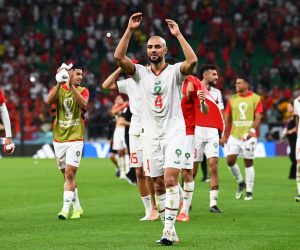 epa10332482 Sofyan Amrabat (C) of Morocco and teammates celebrate after winning the FIFA World Cup 2022 group F soccer match between Belgium and Morocco at Al Thumama Stadium in Doha, Qatar, 27 November 2022.  EPA/Georgi Licovski