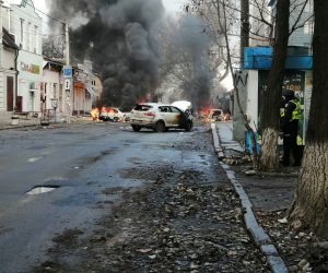 epa10377632 A handout photo released by the press service of the State Emergency Service (SES) of Ukraine shows cars burning on a street after shelling hit Kherson, southern Ukraine, 24 December 2022, amid Russia's invasion. At least seven people were killed and 58 others injured after Russian strikes targeted the southern Ukrainian city on 24 December, the head of the Kherson regional military administration, Yaroslav Yanushevich wrote on telegram. Russian troops entered Ukraine on 24 February 2022 starting a conflict that has provoked destruction and a humanitarian crisis.  EPA/STATE EMERGENCY SERVICE OF UKRAINE HANDOUT -- BEST QUALITY AVAILABLE -- MANDATORY CREDIT: STATE EMERGENCY SERVICE OF UKRAINE --