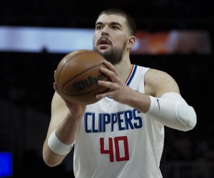 LA Clippers center Ivica Zubac (40) shoots a free throw against the Atlanta Hawks during the first half of an NBA basketball game Saturday, Jan. 28, 2023, in Atlanta. (AP Photo/John Bazemore)