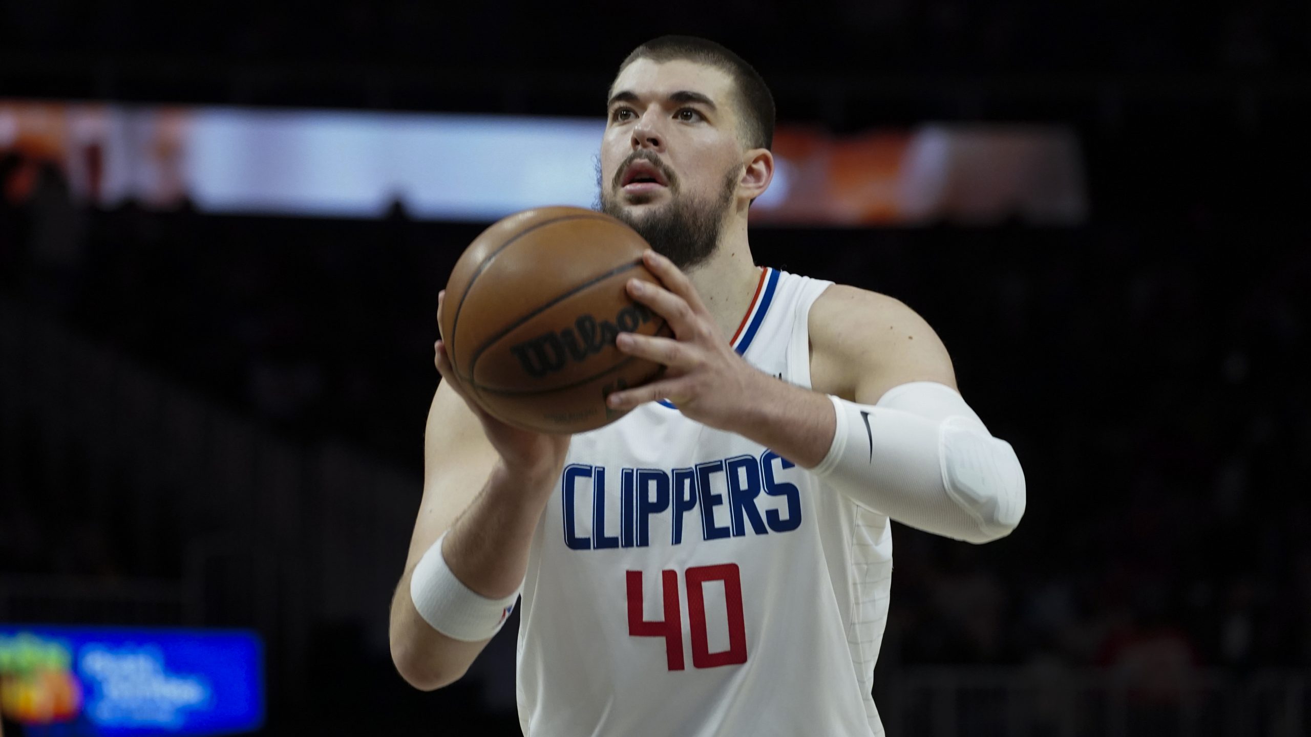 LA Clippers center Ivica Zubac (40) shoots a free throw against the Atlanta Hawks during the first half of an NBA basketball game Saturday, Jan. 28, 2023, in Atlanta. (AP Photo/John Bazemore)