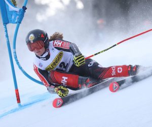 epa10393717 Valerie Grenier of Canada in action during the first round of the Women's Slalom at the FIS Alpine Skiing World Cup in Kranjska Gora, Slovenia, 07 January 2023.  EPA/Grzegorz Momot POLAND OUT