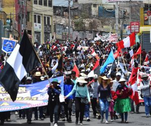 epa10416373 Demonstrators participate in a march against the government of President Dina Boluarte, in Arequipa, Peru, 19 January 2023. The great national march called 'the takeover of Lima' has triggered a series of protest actions in different parts of the country. The protesters demand the resignation of Boluarte and the closure of Congress, as well as the calling of general elections for this year and a constituent assembly.  EPA/JOSE SOTOMAYOR JIMENEZ