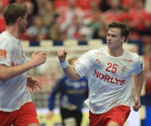 epa10421319 Denmark's Lukas Lindhard Jorgensen celebrates a goal during the IHF Men's World Championship Handball match, Main Round group 4, between USA and Denmark in Malmo, Sweden, 21 January 2023.  EPA/Andreas Hillergren  SWEDEN OUT