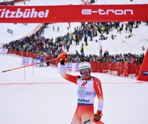 epa10422665 Daniel Yule of Switzerland reacts in the finish area during the second run of the men's slalom race at the FIS Alpine Skiing World Cup in Kitzbuehel, Austria, 22 January 2023.  EPA/JEAN-CHRISTOPHE BOTT