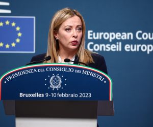 epa10458705 Italy's Prime Minister Giorgia Meloni gives a press conference the day after a special meeting of the European Council in Brussels, Belgium, 10 February 2023.  EPA/STEPHANIE LECOCQ