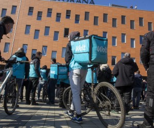 Zagreb, 14.02.2023.-Dostavljači Wolta prosvjedovali su u Zagrebu, a organizator prosvjeda je Inicijativa dostavljača Wolta. 
foto HINA/ Daniel KASAP/ dk