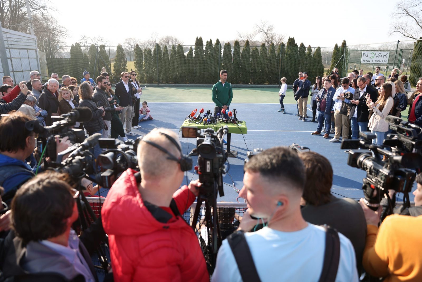 epa10483787 Serbian tennis player Novak Djokovic talks to  members of the media  in Belgrade, Serbia, 22 February 2023. Djokovic held a press conference in his home town on the plans for the rest of the tennis season and his biggest sports rivalries.  EPA/ANDREJ CUKIC