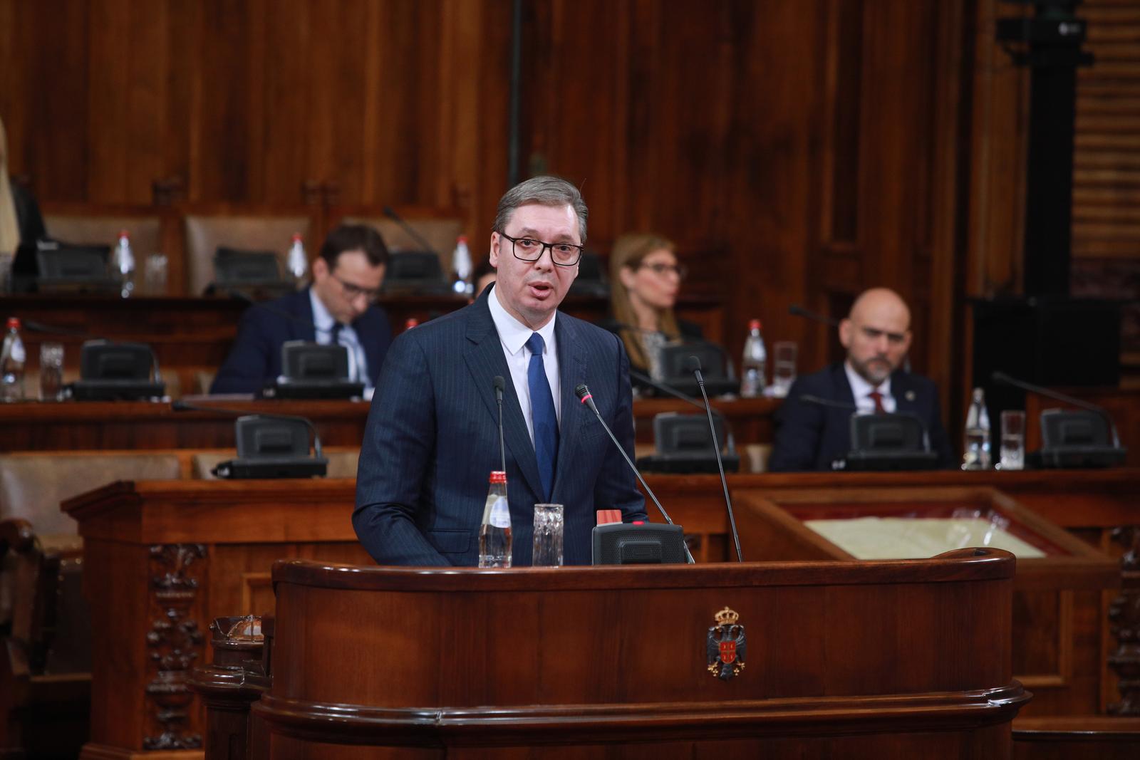 02, February, 2023, Belgrade - A plenary session on Kosovo and Metohija was held in the House of the National Assembly, attended by the President of Serbia, Aleksandar Vucic. Aleksandar Vucic. Photo: Milos Tesic/ATAImages.

02, februar, 2023, Beograd - U Domu narodne skupstine odrzana plenarna sednica o Kosovu i Metohiji kojoj prisustvuje i predsednik Srbije Aleksandar Vucic. Photo: Milos Tesic/ATAImages/PIXSELL