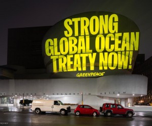 Greenpeace USA activists project a message reading: “Strong Global Ocean Treaty Now!” onto the iconic Guggenheim Museum  to send a clear message to delegates at the United Nations in New York during the second week of the resumed IGC5 negotiations.

Without a strong Treaty being agreed at this round of talks, it will be practically impossible to protect 30% of the world’s oceans by 2030. This is the minimum scientists say is necessary to allow the oceans to recover from decades of pollution, overfishing, and other industrial activities.