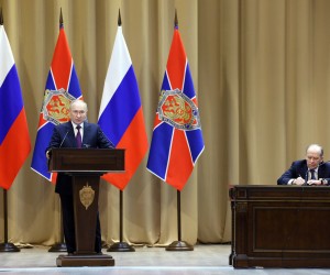 epa10495406 Russian President Vladimir Putin (L) delivers his speech as Russian Federal Security Service (FSB) Director Aleksandr Bortnikov (R) attends a meeting of the Federal Security Service (FSB) Board which sums up the 2022 performance of the FSB bodies and outlines the priority tasks for 2023, in Moscow, Russia, 28 February 2023. 'Together with law enforcement agencies and under the coordination of the national anti-terrorist committee, it is necessary to act decisively and offensively, use the entire arsenal of operational, analytical and other means. and the fuel and energy complex,' the president said at the expanded board of the FSB of Russia.  EPA/GAVRIIL GRIGOROV/SPUTNIK/KREMLIN POOL / MANDATORY CREDIT