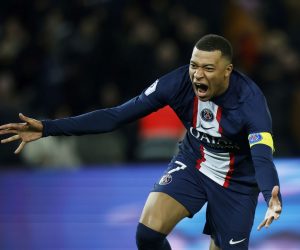 epa10503677 Paris Saint Germain's Kylian Mbappe celebrates scoring the 4-2 goal during the French Ligue 1 soccer match between PSG and FC Nantes, in Paris, France, 04 March 2023. Mbappe became the all time goal scorer for PSG with 201 goals.  EPA/YOAN VALAT