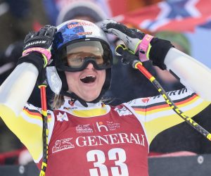 epa10504369 Emma Aicher from Germany reacts in the finish area during the Women's Super G race at the FIS Alpine Skiing World Cup in Kvitfjell, Norway, 05 March 2023.  EPA/Geir Olsen  NORWAY OUT