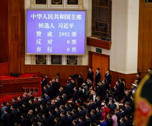 epa10512873 Votes for Chinese President Xi Jinping are displayed during the Third Plenary Session of the National People's Congress (NPC) at the Great Hall of the People, in Beijing, China, 10 March 2023. China holds two major annual political meetings, the National People's Congress (NPC) and the Chinese People's Political Consultative Conference (CPPCC) which run alongside and together are known as 'Lianghui' or 'Two Sessions'.  EPA/MARK R. CRISTINO / POOL