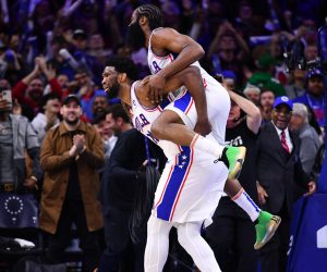 Jan 28, 2023; Philadelphia, Pennsylvania, USA; Philadelphia 76ers guard James Harden (1) celebrates with center Joel Embiid (21) after a score against the Denver Nuggets in the fourth quarter at Wells Fargo Center. Mandatory Credit: Kyle Ross-USA TODAY Sports Photo: Kyle Ross/REUTERS