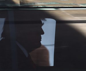 epa10557456 Former US President Donald J. Trump in the back of his armored SUV as he arrives at Trump Tower in New York, New York, USA, 03 April 2023. After being indicted by a Manhattan grand jury last week, former US President Donald J. Trump is traveling to New York 03 April and will reportedly turn himself in on 04 April at New York Criminal Court to hear the charges against him.  EPA/CJ GUNTHER