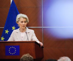 epa10561584 European Commission President Ursula von der Leyen speaks during a press conference at the European Commission Embassy in Beijing, China, 06 April 2023. Von der Leyen is in China from 05 to 07 April for a visit.  EPA/WU HAO