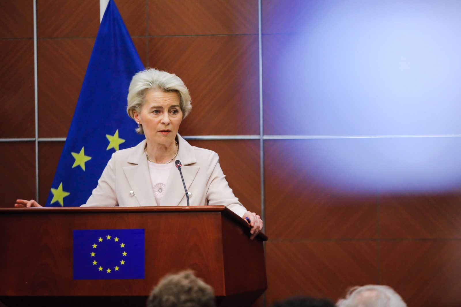 epa10561584 European Commission President Ursula von der Leyen speaks during a press conference at the European Commission Embassy in Beijing, China, 06 April 2023. Von der Leyen is in China from 05 to 07 April for a visit.  EPA/WU HAO