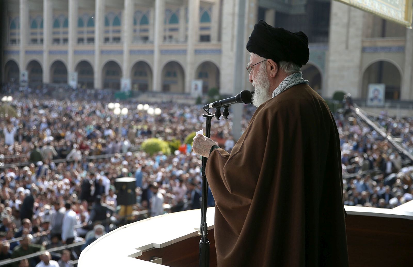 epa10585428 A handout photo made available by the Iranian supreme leader office shows Ayatollah Ali Khamenei addressing the crowd after the Eid al-Fitr prayer ceremony in Tehran, Iran, 22 April 2023.  EPA/SUPREME LEADER OFFICE HANDOUT  HANDOUT EDITORIAL USE ONLY/NO SALES