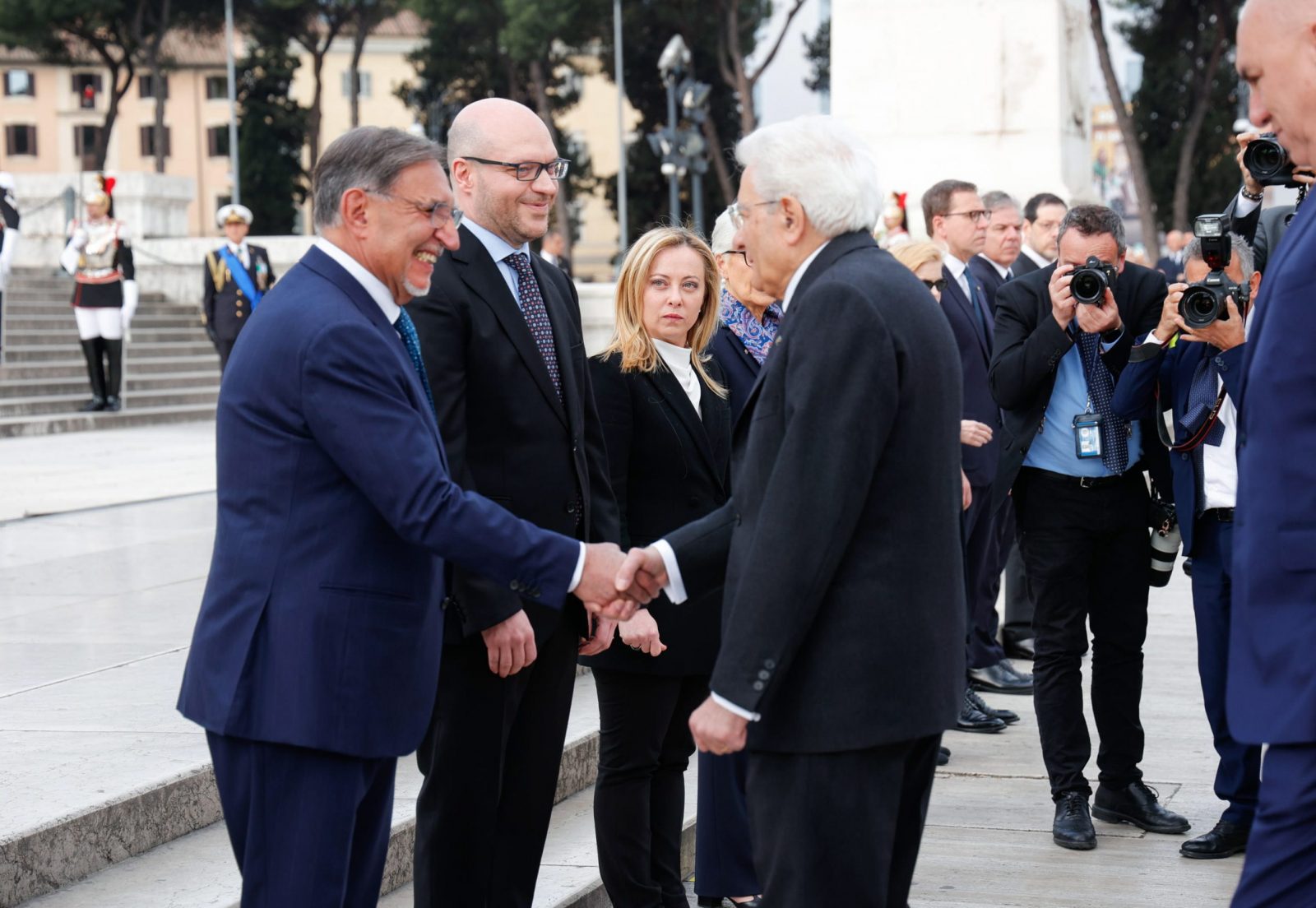 epa10590222 Italian Senate President Ignazio La Russa (L), Italian President Sergio Mattarella (R), Italian Prime Minister Giorgia Meloni (2-R) and Italian President Chamber of Deputies Lorenzo Fontana (2-L) attend a wreath-laying ceremony at the Altar of the Fatherland (Altare della Patria) during celebrations for the 78th Liberation Day, in Rome, Italy, 25 April 2023. Liberation Day (Festa della Liberazione) is a nationwide public holiday in Italy that is annually celebrated on 25 April. The day remembers Italians who fought against the Nazis and Mussolini's troops during World War II and honors those who served in the Italian Resistance.  EPA/GIUSEPPE LAMI