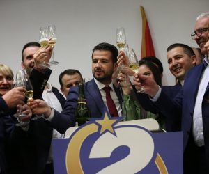 02, April, 2023, Podgorica - Celebration in the election headquarters of the Europe Now Movement, whose candidate Jakov Milatovic won the presidential elections. Jakov Milatovic, Milena Milatovic, Andrija Mandic, Aleksa Becic. Photo: Amir Hamzagic/ATAImages  02, april, 2023, Podgorica - Slavlje u izbornom stabu Pokreta Evropa sad ciji je kandidat Jakov Milatovic pobedio na predsednickim izborima.   Photo: Amir Hamzagic/PIXSELL