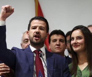 Jakov Milatovic, a presidential candidate from the Europe Now Movement, celebrates next to his wife Milena, after the first results of the presidential election were announced, in Podgorica, Montenegro, April 2, 2023. REUTERS/Marko Djurica Photo: MARKO DJURICA/REUTERS