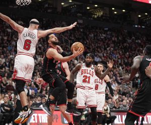 Apr 12, 2023; Toronto, Ontario, CAN; Toronto Raptors guard Fred VanVleet (23) shoots as Chicago Bulls guard Alex Caruso (6) defends during the second half of a NBA Play-In game at Scotiabank Arena. Mandatory Credit: John E. Sokolowski-USA TODAY Sports Photo: John E. Sokolowski/REUTERS