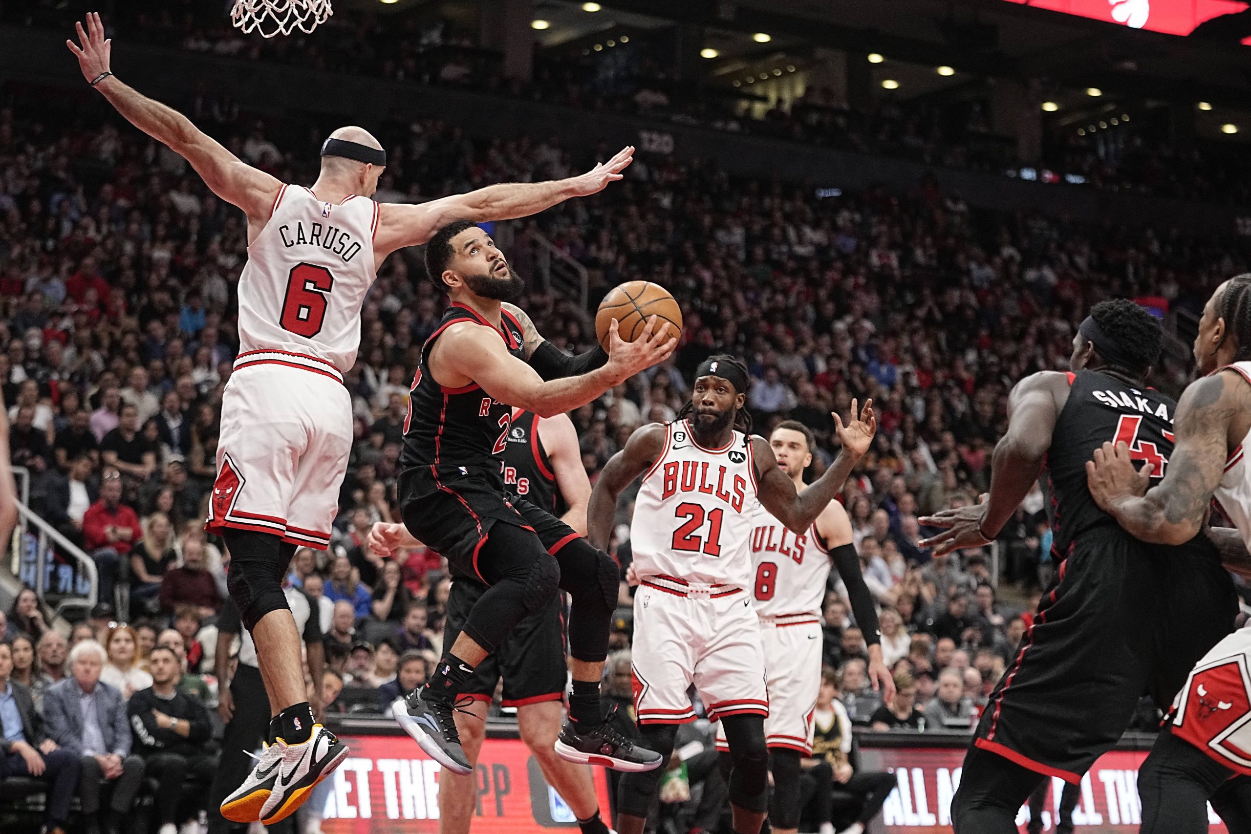 Apr 12, 2023; Toronto, Ontario, CAN; Toronto Raptors guard Fred VanVleet (23) shoots as Chicago Bulls guard Alex Caruso (6) defends during the second half of a NBA Play-In game at Scotiabank Arena. Mandatory Credit: John E. Sokolowski-USA TODAY Sports Photo: John E. Sokolowski/REUTERS