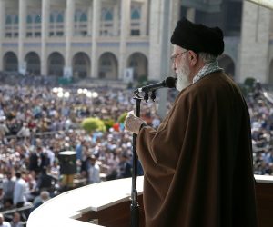 epa10585428 A handout photo made available by the Iranian supreme leader office shows Ayatollah Ali Khamenei addressing the crowd after the Eid al-Fitr prayer ceremony in Tehran, Iran, 22 April 2023.  EPA/SUPREME LEADER OFFICE HANDOUT  HANDOUT EDITORIAL USE ONLY/NO SALES