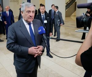 epa10588866 Italy's Minister for Foreign Affairs, Antonio Tajani talks to the Media during EU Foreign Affairs Council, in Luxembourg, Luxembourg, 24 April 2023.  EPA/GIUSEPPE LAMI