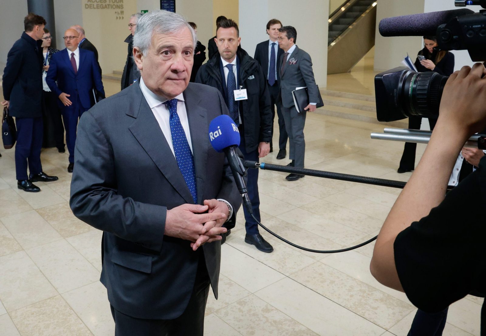 epa10588866 Italy's Minister for Foreign Affairs, Antonio Tajani talks to the Media during EU Foreign Affairs Council, in Luxembourg, Luxembourg, 24 April 2023.  EPA/GIUSEPPE LAMI