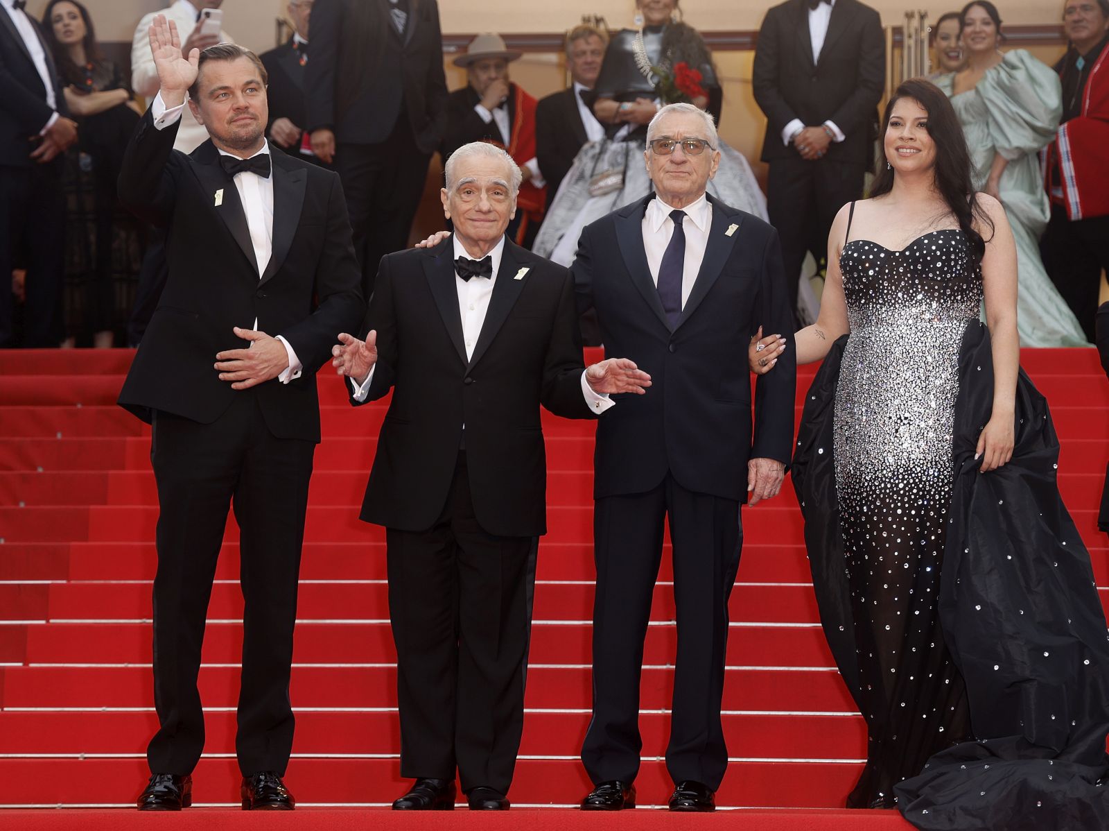 epa10641299 (L-R) Leonardo DiCaprio, US film director Martin Scorsese, Robert De Niro and Cara Jade Myers arrive for the screening of 'Killers of the Flower Moon' during the 76th annual Cannes Film Festival, in Cannes, France, 20 May 2023. The festival runs from 16 to 27 May.  EPA/GUILLAUME HORCAJUELO