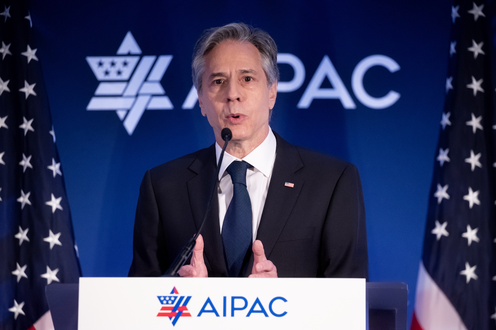 epa10674641 US Secretary of State Antony Blinken addresses the 2023 American Israel Public Affairs Committee (AIPAC) Policy Summit in Washington, DC, USA, 05 June 2023.  EPA/MICHAEL REYNOLDS