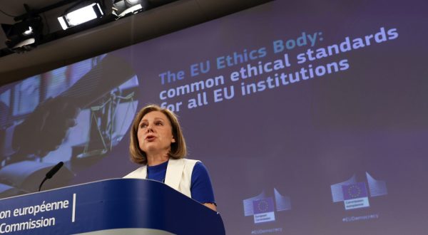 epa10679179 Vice President of the European Commission for Values and Transparency Vera Jourova during a news conference to present Commission proposal for the creation of common ethics standards for all EU institutions in Brussels, Belgium, 08 June 2023. The aim of the Ethics Body is to create common standards for ethical conduct of members, the Commission announced in a statement. ‘Transparency is a vital principle in the European Union, and the "Qatar gate" incident at the European Parliament, highlights the ongoing need for improvement, prompting the establishment of an Ethics Body to address such excesses’, said Jourova.  EPA/OLIVIER HOSLET