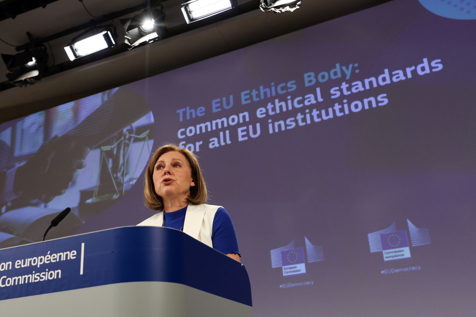 epa10679179 Vice President of the European Commission for Values and Transparency Vera Jourova during a news conference to present Commission proposal for the creation of common ethics standards for all EU institutions in Brussels, Belgium, 08 June 2023. The aim of the Ethics Body is to create common standards for ethical conduct of members, the Commission announced in a statement. ‘Transparency is a vital principle in the European Union, and the "Qatar gate" incident at the European Parliament, highlights the ongoing need for improvement, prompting the establishment of an Ethics Body to address such excesses’, said Jourova.  EPA/OLIVIER HOSLET