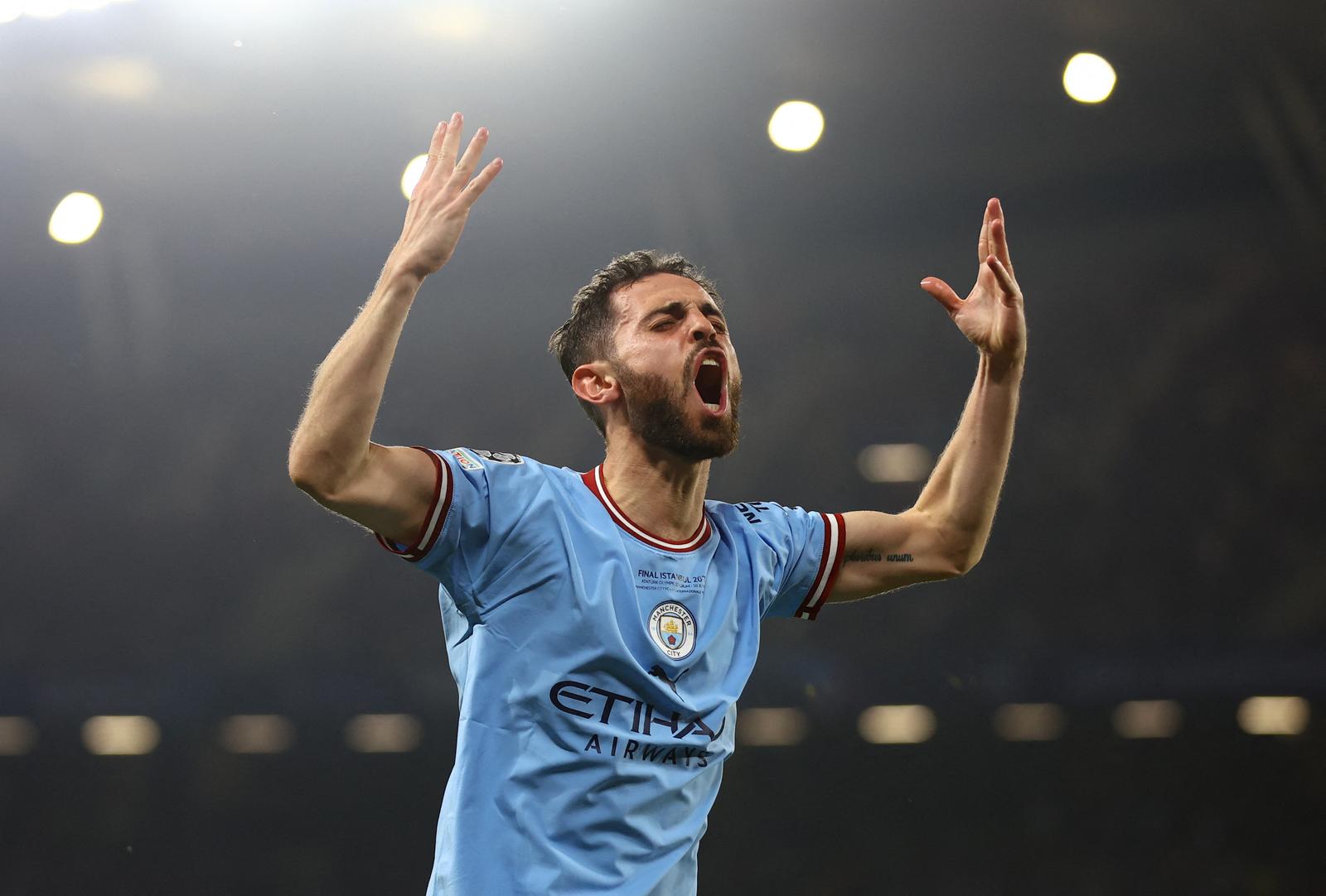 Soccer Football - Champions League Final - Manchester City v Inter Milan - Ataturk Olympic Stadium, Istanbul, Turkey - June 10, 2023 Manchester City's Bernardo Silva celebrates their first goal scored by Rodri REUTERS/Matthew Childs Photo: Matthew Childs/REUTERS