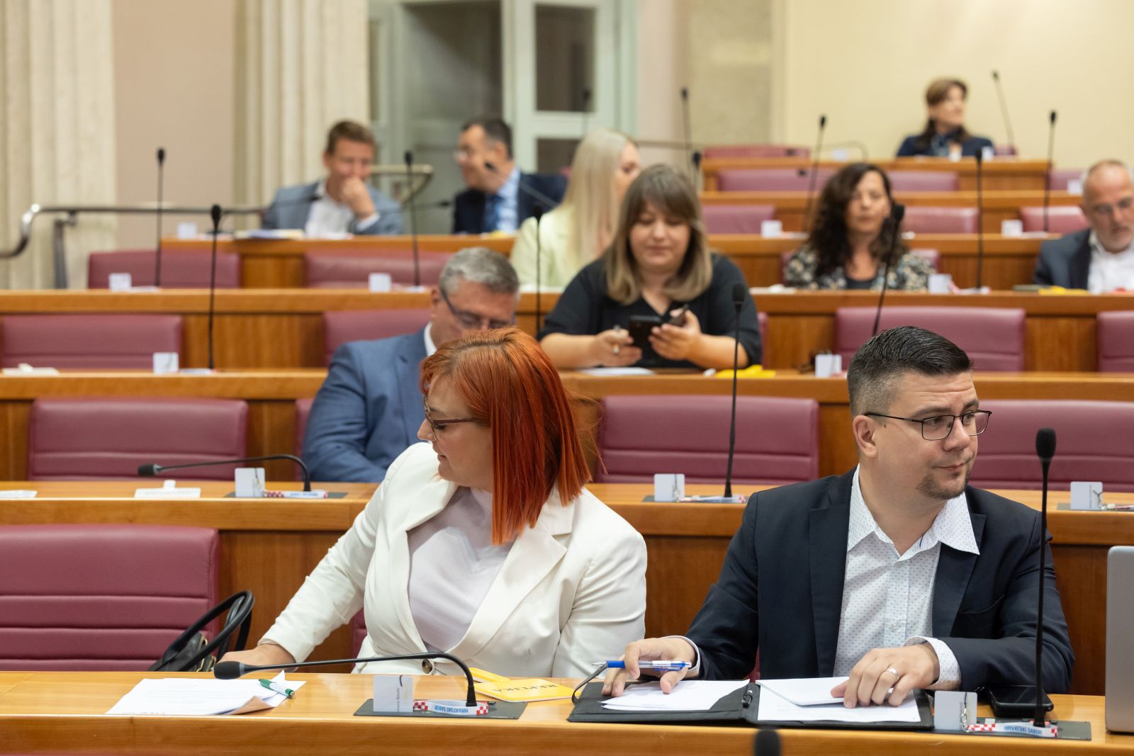 Zagreb, 21.07.2023. - Na zahtjev predsjednika Republike Hrvatske Zorana Milanovića, predsjednik Hrvatskoga sabora Gordan Jandroković  sazvao je 17. izvanrednu sjednicu Hrvatskoga sabora.
Na fotografiji Romana Nikolić, Domagoj Hajduković.
foto HINA/ Edvard ŠUŠAK/ es