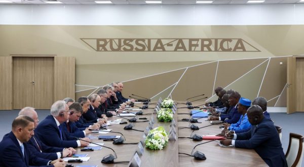 epa10774254 A handout photo made available by TASS Host Photo Agency shows Russia's President Vladimir Putin (7-L) and President of the Central African Republic Faustin-Archange Тouadera (4-R) during their meeting on the sidelines of the Second Summit 'Russia-Africa' Economic and Humanitarian Forum in St.Petersburg, Russia, 28 July 2023. The Second Summit Economic and Humanitarian Forum 'Russia-Africa' takes place from 27 to 28 July at the Expoforum congress-exhibition center in St.Petersburg.  EPA/ARTEM GEODAKYAN / TASS HOST PHOTO AGENCY/ HANDOUT --MANDATORY CREDIT-- HANDOUT EDITORIAL USE ONLY/NO SALES