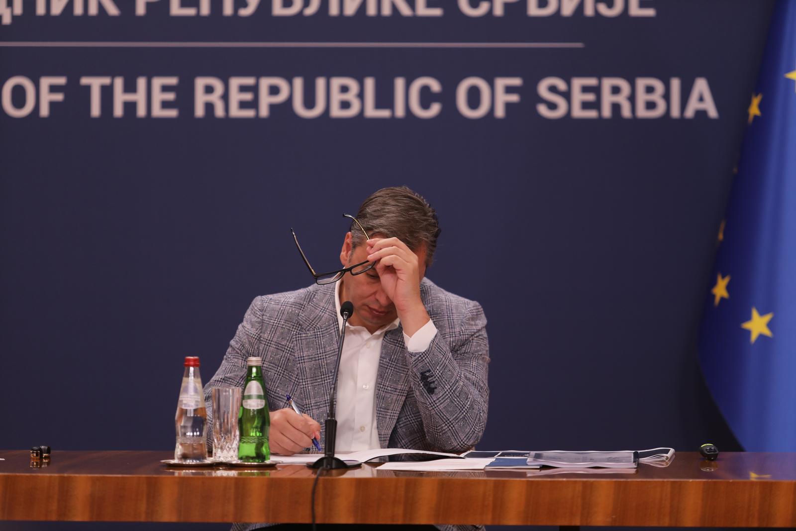 08, August, 2023, Belgrade - The President of the Republic of Serbia, Aleksandar Vucic, and the Prime Minister of the Republic of Serbia, Ana Brnabic, addressed the public at the Palace of Serbia. Aleksandar Vucic. Photo: Milos Tesic/ATAImages.

08, avgust, 2023, Beograd - Predsednik Republike Srbije Aleksandar Vucic i predsednica Vlade Republike Srbije Ana Brnabic obratili su se javnosti u Palati Srbija. Photo: Milos Tesic/ATAImages/PIXSELL