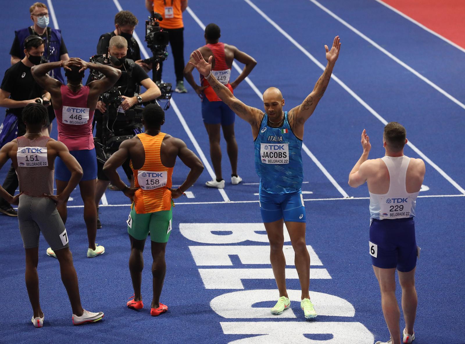 19, March, 2022, Belgrade -   The second day of the World Athletics Indoor Championships to be held at the Stark Arena. Lamont Marcell Jacobs (ITA). Photo: M.M./ATAImages

19, mart, 2022, Beograd - Drugi dan Svetskog atletskog dvoranskog prvenstva koje se odrzava u Stark areni. Photo: M.M./ATAImages Photo: M.M./PIXSELL