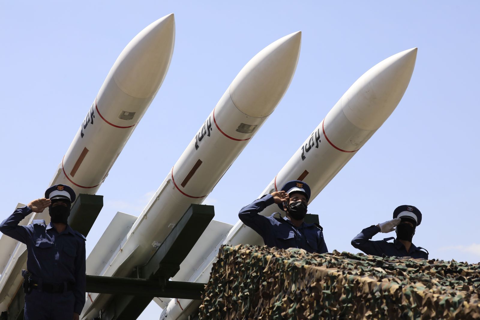 epa10874476 Missiles are on display during a military parade commemorating the 9th anniversary of seizure of northern Yemen, in Sana'a, Yemen, 21 September 2023. Tens of thousands of Yemeni troops loyal to the Houthis (officially called Ansar Allah Movement) and hundreds of military vehicles equipped with missiles and other weapons took part in a military parade to mark the 9th anniversary of the Houthis' takeover of northern Yemen. The Houthis took control on the capital Sana'a and the northern parts of the war-ravaged Arab country on 21 September 2014 and forced the Saudi-backed Yemeni government to flee into exile, sparking a full-blown war in March 2015 when the Saudi-led coalition launched a military operation against the Houthis and controlled the country's airspace for restoring the government to power. The war ceased on 02 April 2022 as a UN-brokered truce entered into effect.  EPA/YAHYA ARHAB