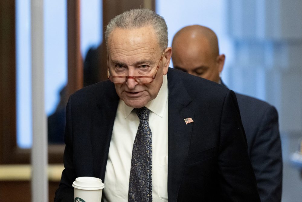 epa10890287 Senate Majority Leader Chuck Schumer arrives on Capitol Hill in Washington, DC, USA, 29 September 2023. As a government shutdown looms ahead, the Senate and House of Representatives are working on separate stop-gap government spending plans.  EPA/MICHAEL REYNOLDS