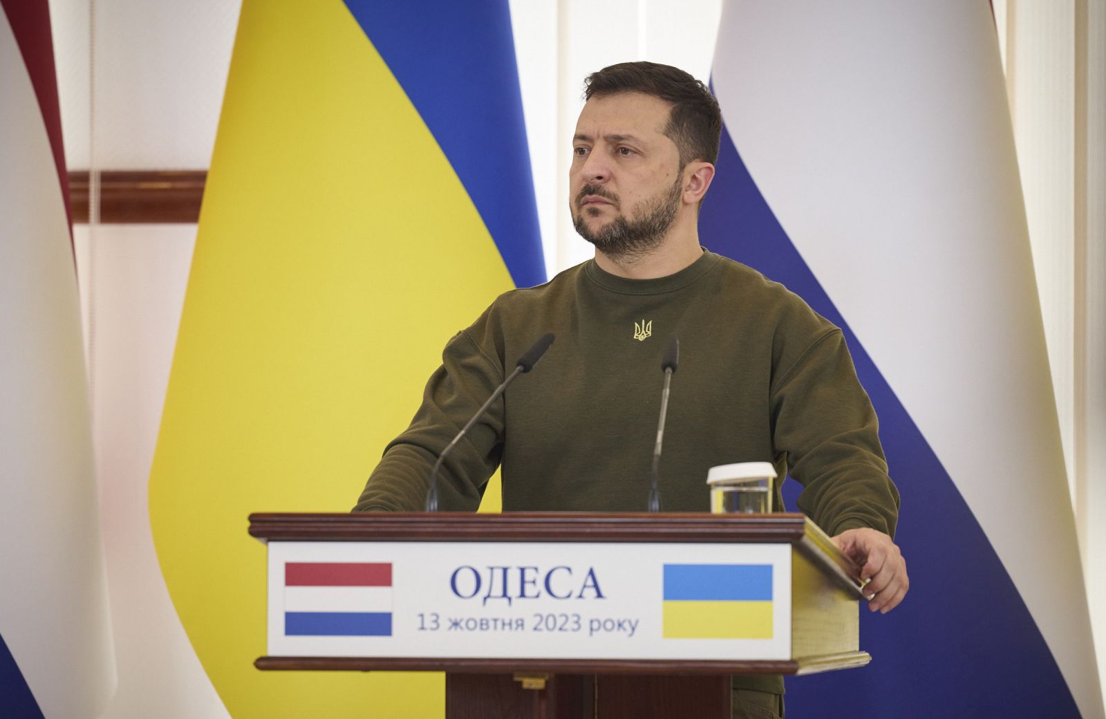 epa10917407 A handout photo made available by the Presidential Press Service shows Ukrainian President Volodymyr Zelensky speaks during a joint press conference with Dutch Prime Minister Mark Rutte (not pictured) during a joint press conference during their visit to Odesa, Ukraine, 13 October 2023. Rutte arrived in Ukraine to visit the Southern-Ukrainian city of Odesa and meet with top officials amid the Russian invasion.  EPA/PRESIDENTIAL PRESS SERVICE HANDOUT   HANDOUT EDITORIAL USE ONLY/NO SALES HANDOUT EDITORIAL USE ONLY/NO SALES