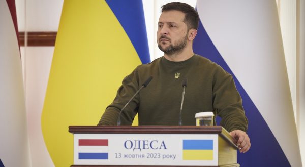 epa10917407 A handout photo made available by the Presidential Press Service shows Ukrainian President Volodymyr Zelensky speaks during a joint press conference with Dutch Prime Minister Mark Rutte (not pictured) during a joint press conference during their visit to Odesa, Ukraine, 13 October 2023. Rutte arrived in Ukraine to visit the Southern-Ukrainian city of Odesa and meet with top officials amid the Russian invasion.  EPA/PRESIDENTIAL PRESS SERVICE HANDOUT   HANDOUT EDITORIAL USE ONLY/NO SALES HANDOUT EDITORIAL USE ONLY/NO SALES