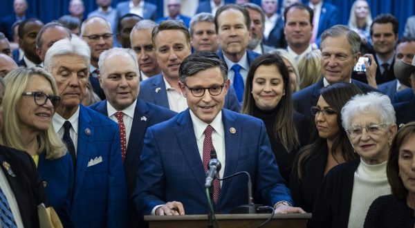 epa10937423 Republican lawmaker from Louisiana Mike Johnson (C), surrounded by fellow Republicans, speaks to reporters after they voted him as their next speaker nominee in the Longworth House Office Building in Washington, DC, USA, 24 October 2023. The House of Representatives has gone more than three weeks without a speaker, after ousting former speaker Kevin McCarthy.  EPA/JIM LO SCALZO