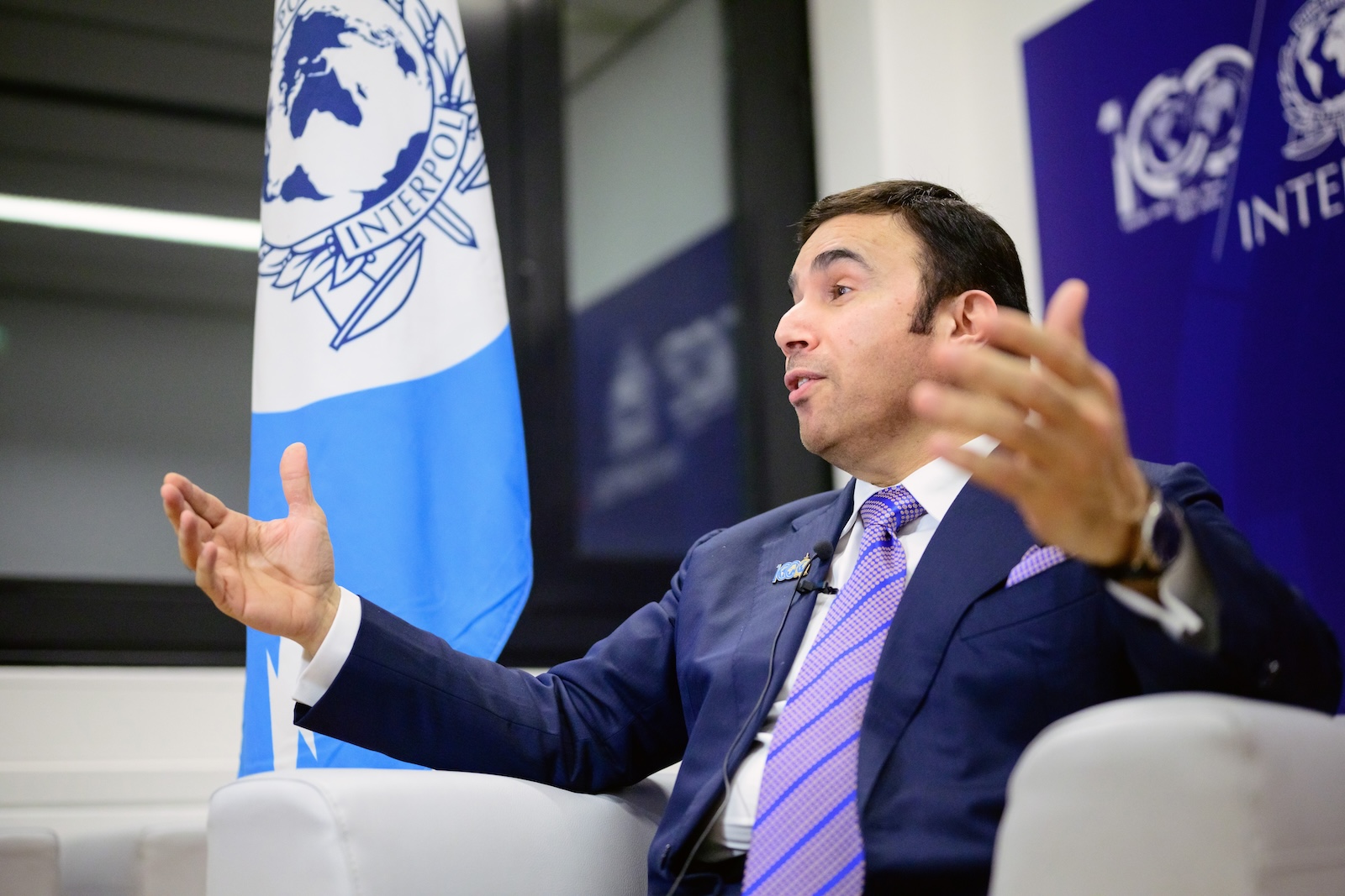 epa10998942 Ahmed Naser Al-Raisi, President of the International Criminal Police Organization INTERPOL, during an interview on the day before the 91st Interpol General Assembly in Vienna, Austria, 27 November 2023 (issued 28 November 2023). The 91st Interpol General Assembly will take place in Vienna from 28 November until 01 December 2023. International cooperation and police digitalization are the best remedies against the global organized crime 'pandemic', that increasingly uses new methods such as Artificial Intelligence, Al-Raisi said during the interview.  EPA/CHRISTIAN BRUNA