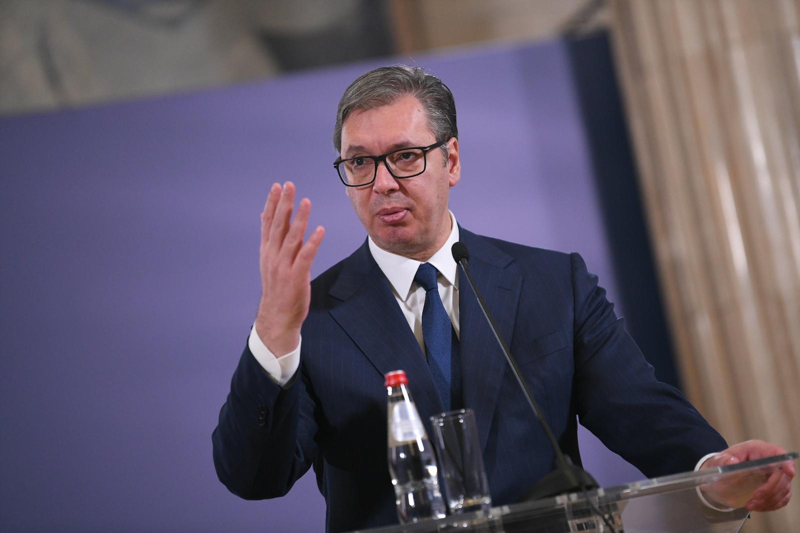 21, November, 2023, Belgrade - Press conference after the meeting between the President of the Republic of Serbia, Aleksandar Vucic, and the Secretary General of NATO, Jens Stoltenberg. Aleksandar Vucic. Photo: A. H./ATAImages.

21, novembar, 2023, Beograd - Konferencija za medije posle sastanka predsednika Republike Srbije Aleksandra Vucica i generalnog sekretara NATO Jensom Stoltenbergom. . Photo: Antonio Ahel/ATAImages. Photo: Antonio Ahel/ATAImages./PIXSELL