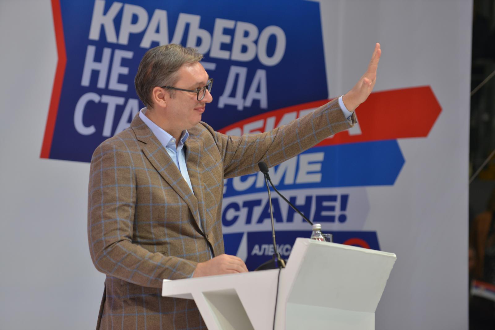 24, November, 2023, Kraljevo -The Serbian Progressive Party, which is going to the elections on December 17 with the list "Aleksandar Vucic - Serbia must not stand still", held a pre-election rally in Kraljevo, in the New Hall of Sports. Aleksandar Vucic. Photo: Vladimir Vasic/ATAImages

24, novembar, 2023, Kraljevo - Srpska napredna stranka koja sa listom "Aleksandar Vucic - Srbija ne sme da stane" izlazi na izbore 17. decembra, odrzala je predizborni skup u Kraljevu, u Novoj hali sportova. Photo: Vladimir Vasic/ATAImages Photo: Vladimir Vasic/ATAImages/PIXSELL